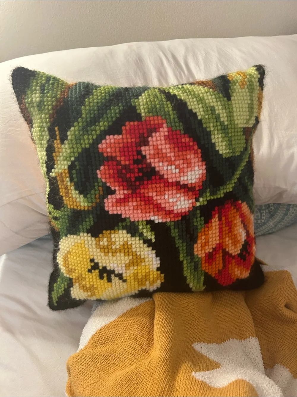 Vintage Orchidea Floral Needlepoint Pillow Already Finished